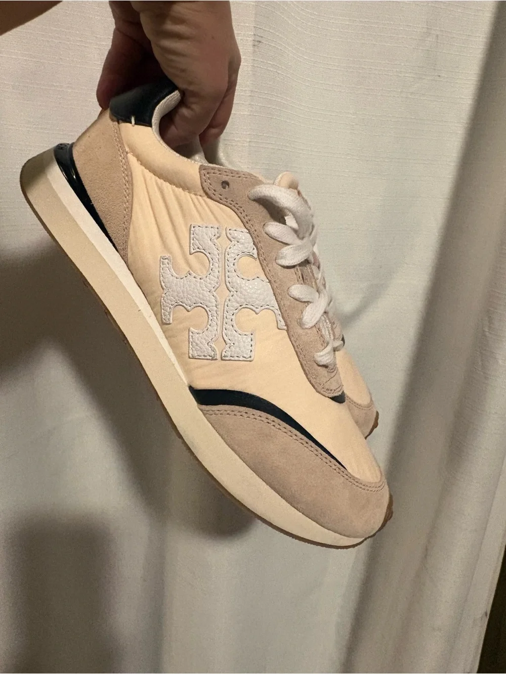 TORY BURCH DESTINY TRAINER SNEAKERS IN LEATHER/NYLON/SUEDE Size 7.5 Broken Lace